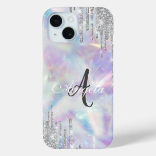 Coque Pour iPhone 15 Paillettes Modernes Gouttes Holographique, Monogra