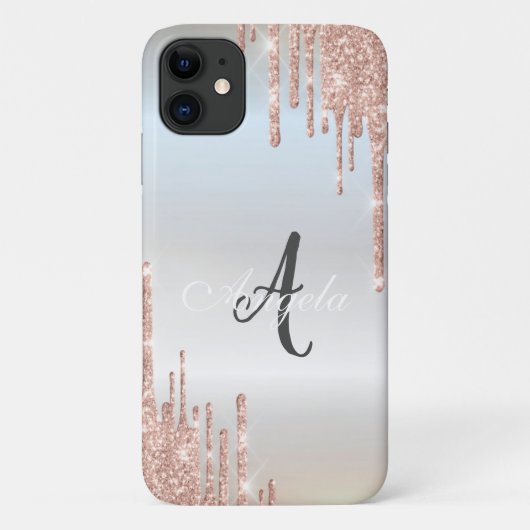 Coques Case-Mate iPhone Paillettes modernes gouttes rose or, monogramme ar (Dos)