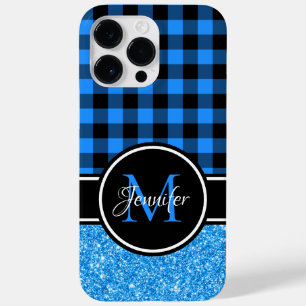 Coque Pour Pour iPhone 14 Pro Max Paillettes Noir et Bleu Buffalo à carreaux Monogra