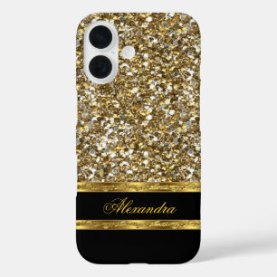 Coques iPhone 16 Paillettes noires et or élégantes
