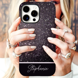 Coques iPhone 16 Pro Paillettes noires scintillement Nom personnalisé