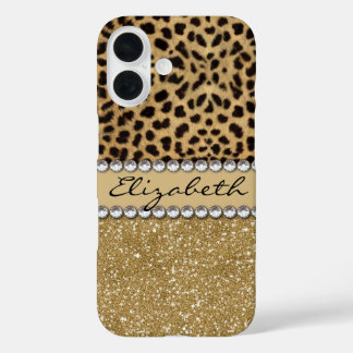 Coques iPhone 16 Paillettes Or Tache de Léopard Rhinestone
