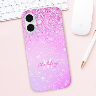 Coques iPhone 16 Paillettes violettes, nom et monogramme en écritur