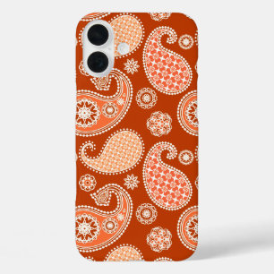 Coques iPhone 16 Plus Paisley motif, Mandarin Orange et Blanc