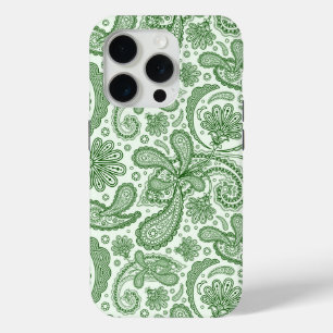 Coque iPhone 15 Pro Paisley Vintage Floral Vert Et Blanc