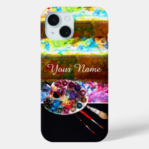 Coque Pour iPhone 15 PALETTE ET BROUILLES DE COULEUR ARTISTE, Noir