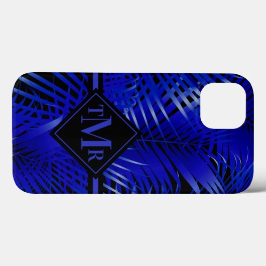 Coques Case-Mate iPhone Palme bleu tropicale monogramme (Verso (horizontal))
