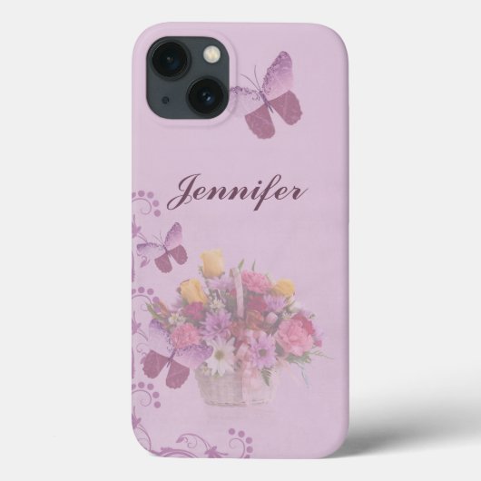 Coques Case-Mate iPhone Panier de fleurs et de papillons, Nom (Verso)