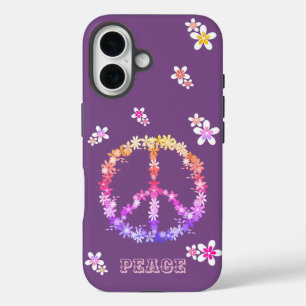 Coques iPhone 16 Panneau de paix avec fleurs colorées, Personnalisé