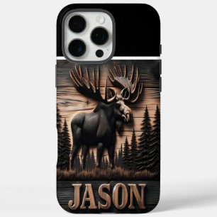 Coques iPhone 16 Pro Max Panneau en bois d'orignal sculpté