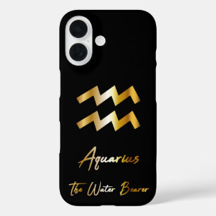 Coques iPhone 16 Panneau Zodiac Aquarius, Noir & Or