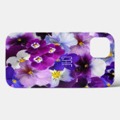 Coques Case-Mate iPhone Pansy Floral Violet Bleu Blanc Monogramme (Verso (horizontal))