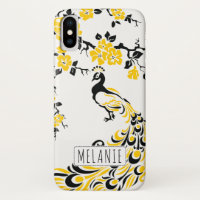 paon jaune noir & fleurs de cerisiers Art nouveau