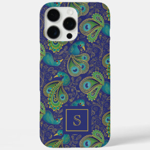 Coques iPhone 16 Pro Max Paon Paisley Bleu Royal Monogramme