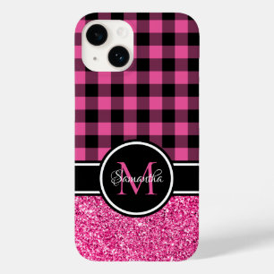 Coque Pour iPhone 14 Papier à motifs plaid buffle rose pailleté à monog