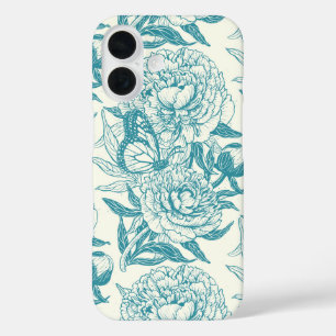 Coques iPhone 16 Papier à peintres et papillons, lagon Bleu