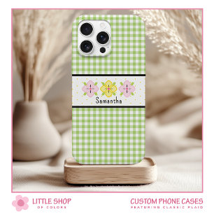 Coque Pour iPhone 15 Papier Gingham à Carreaux Floral Monogramme