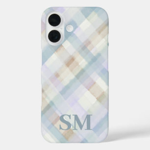 Coques iPhone 16 Papier peint à carreaux pastel Monogram bleu lilas