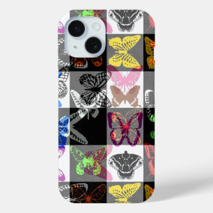 Coque Pour iPhone 15 Papier peint à carreaux tartan à motif papillon co