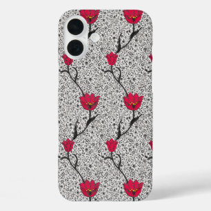 Coques iPhone 16 Plus Papier peint Art Nouveau Tulipe Damassé, Gris et R