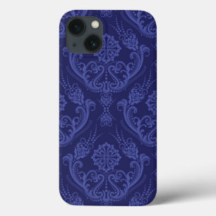 iPhone 13 Case Papier peint floral bleu de luxe de damassé