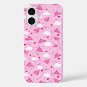 Coques iPhone 16 Papier volant rose Valentine Avions Coeurs rouges