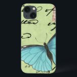 Coques Pour iPhone Papillon à ailes bleues sur carte postale Turquois<br><div class="desc">Cette carte postale turquoise porte un message de beauté. Un délicat papillon à ailes bleues repose sur la carte,  obscurcissant une partie du script qu'il contient. Cette impression de Vision Studio ferait un grand ajout à votre maison!</div>