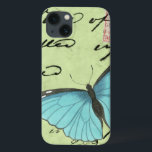 Coques Pour iPhone Papillon à ailes bleues sur carte postale Turquois<br><div class="desc">Cette carte postale turquoise porte un message de beauté. Un délicat papillon à ailes bleues repose sur la carte,  obscurcissant une partie du script qu'il contient. Cette impression de Vision Studio ferait un grand ajout à votre maison!</div>