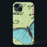 Etui iPhone 13 Papillon à ailes bleues sur carte postale Turquois<br><div class="desc">Cette carte postale turquoise porte un message de beauté. Un délicat papillon à ailes bleues repose sur la carte,  obscurcissant une partie du script qu'il contient. Cette impression de Vision Studio ferait un grand ajout à votre maison!</div>