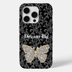 Coque iPhone 15 Pro Papillon à bijou floral noir chic