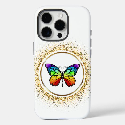 Coques Case-Mate iPhone Papillon arc-en-ciel dans un cercle doré (Verso)