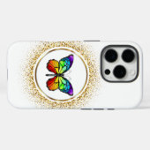 Coques Case-Mate iPhone Papillon arc-en-ciel dans un cercle doré (Verso (horizontal))