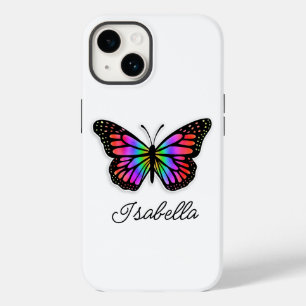 Coque Pour iPhone 14 Papillon arc-en-ciel et votre nom Personnalisé