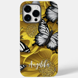 Coque Pour Pour iPhone 14 Pro Max Papillon argenté noir Fleurs jaunes Nom personnali