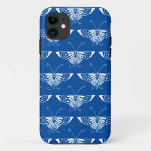 Coque iPhone 11 Papillon Art déco stylisé, bleu cobalt et blanc