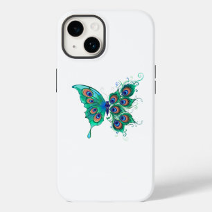 Coque Pour iPhone 14 Papillon aux plumes de paon vert