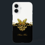 Coques iPhone 16 Papillon blanc noir d'or<br><div class="desc">La couverture fabuleuse florale d'iPad d'or de papillon blanc chic élégant de noir pour des femmes,  filles,  Zizzago a créé cette conception NOTENT SVP toutes les images ne sont pas des bijoux de diamants ou de vrais arcs ! !</div>