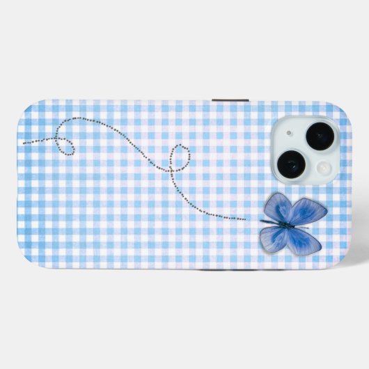 Coques Case-Mate iPhone Papillon bleu en vol En vichy (Verso (horizontal))