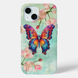 Coque Pour iPhone 15 Papillon Bleu Orange Ailes