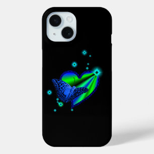 Coque Pour iPhone 15 Papillon bleu sur Rainbow Heart avec étoiles