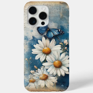 Coque iPhone 15 Pro Max Papillon bleu vintage et marguerites - Cottagecore