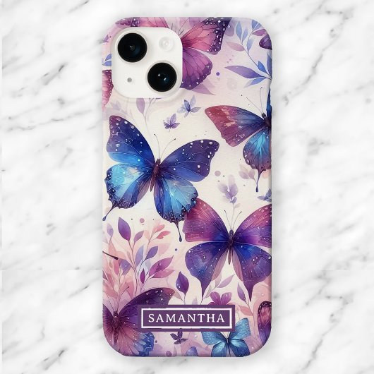 Coques Case-Mate iPhone Papillon d'aquarelle rose-violet personnalisé