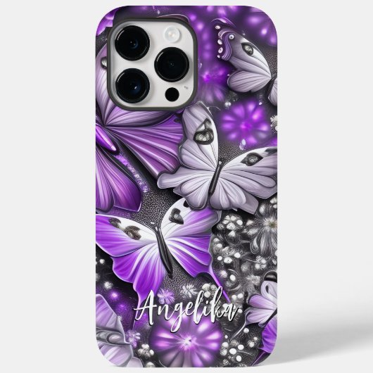 Coques Case-Mate iPhone Papillon floral violet et argenté Nom personnalisé (Verso)