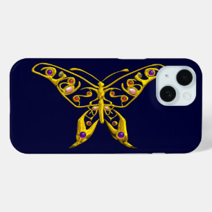 Coque Pour iPhone 15 PAPILLON HYPER BUTTERFLY EN OR AVEC GEMMES,Bleu