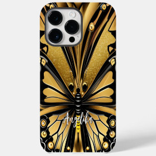 Coque Pour Pour iPhone 14 Pro Max Papillon Monarque Nom Personnalisé Or et Noir