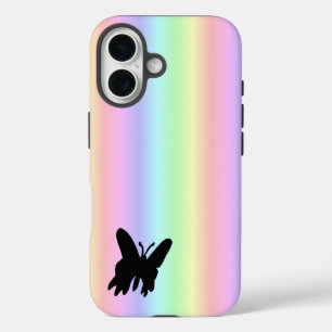 Coques iPhone 16 Papillon noir sur Pastell Rainbow