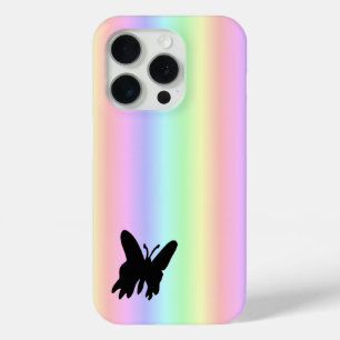 Coque iPhone 15 Pro Papillon noir sur Pastell Rainbow