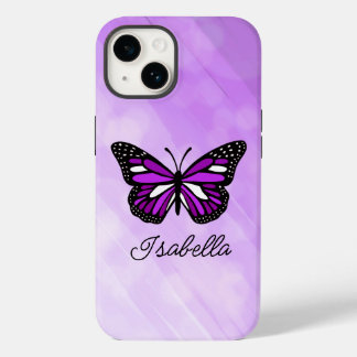 Coque Pour iPhone 14 Papillon pourpre et votre nom Personnalisé