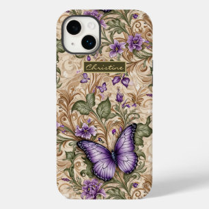 Coque Pour iPhone 14 Plus Papillon pourpre Taupe et Herbe de sage