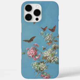 Coques iPhone 16 Pro Max Papillon rose vintage en fleurs blanches sur bleu